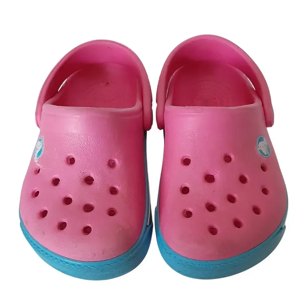 Crocs Crocband Clogs Toddler 4/5 Hot Pink Blue Stripe Retro Water Shoes Summer